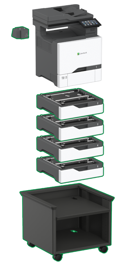 Lexmark XC4342 with four optional 550-sheet trays and stand