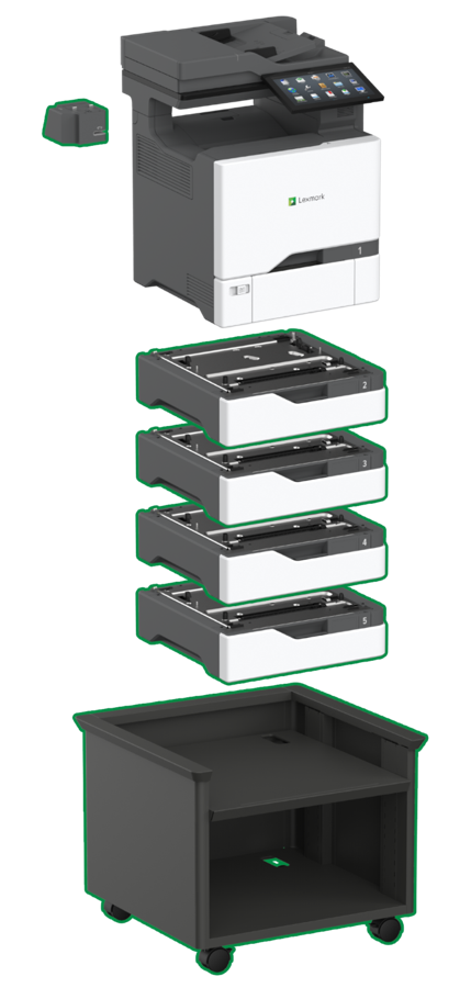 Lexmark XC4352 with four optional 550-sheet trays and stand